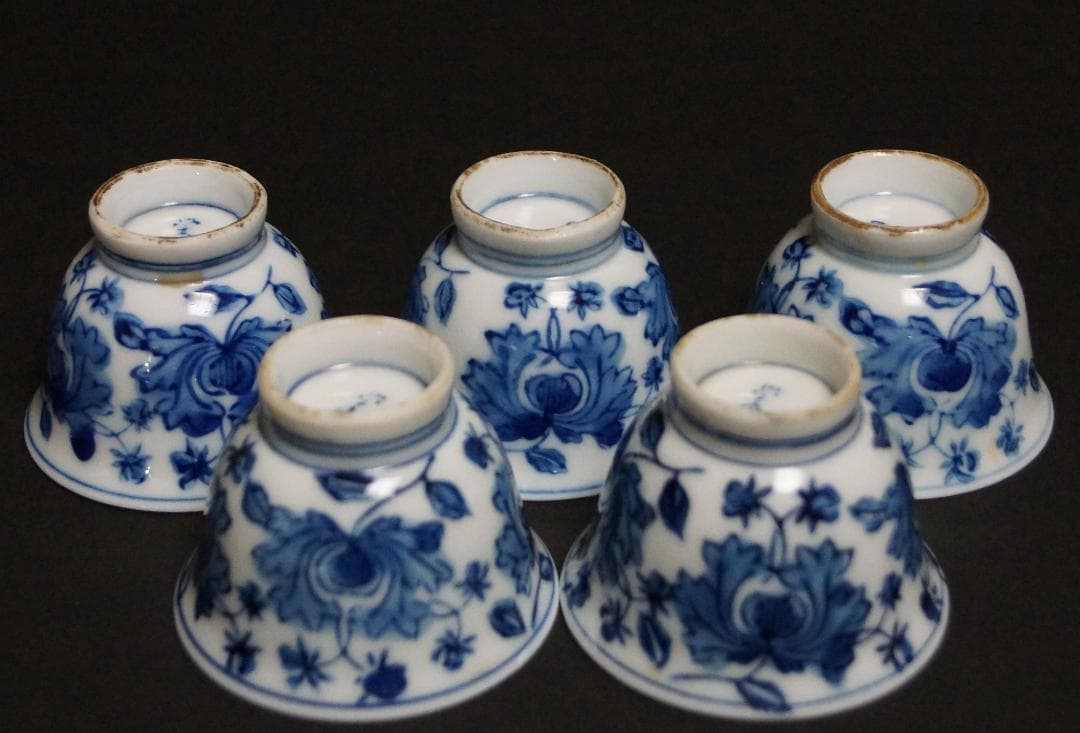 煎茶道具 栄山造 染付『蓮唐草文』煎茶碗 五客セット茶道具★時代物★★