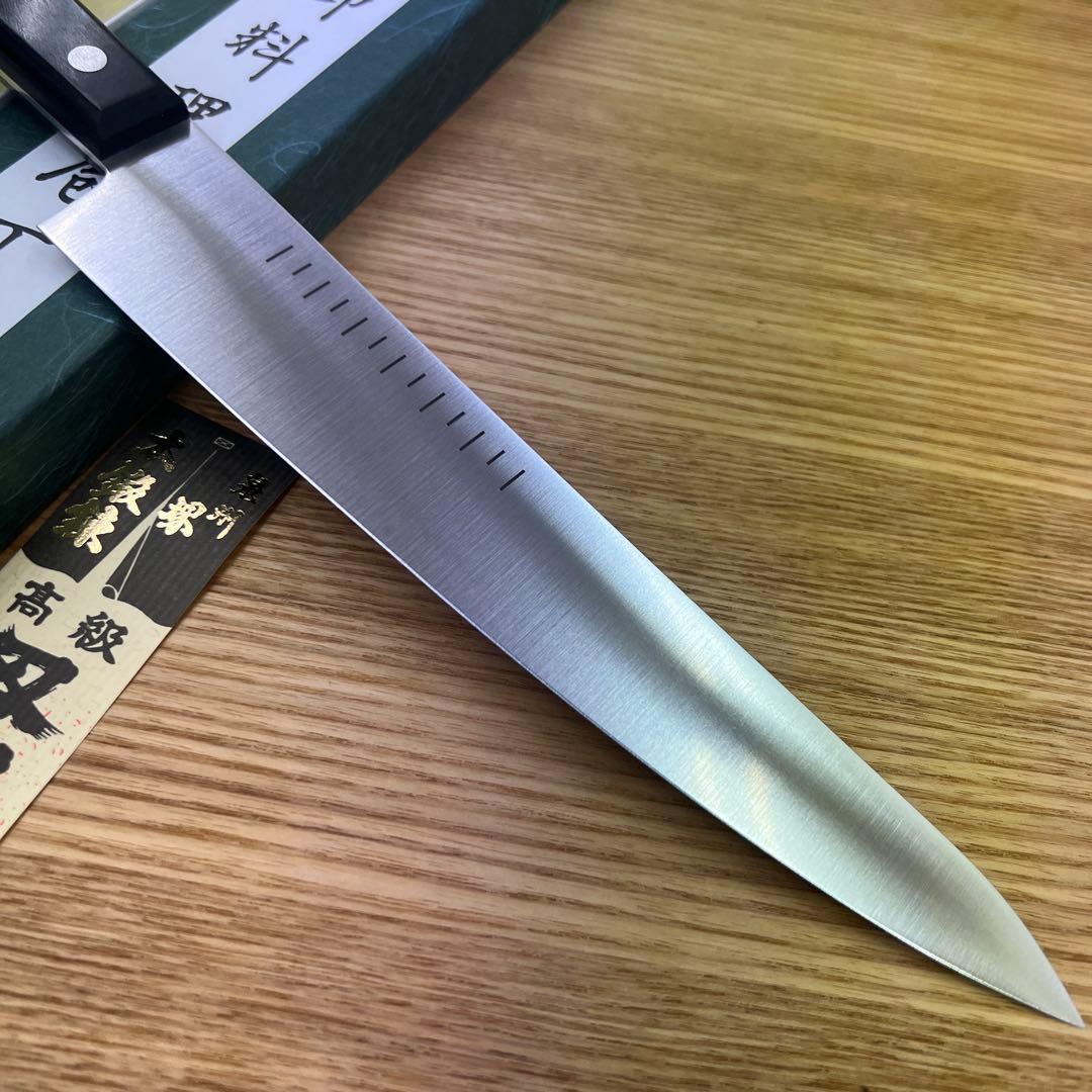 ★新品送料込★ステンレス土井型包丁210mmスライスナイフ両刃万能刺身包丁反り付
