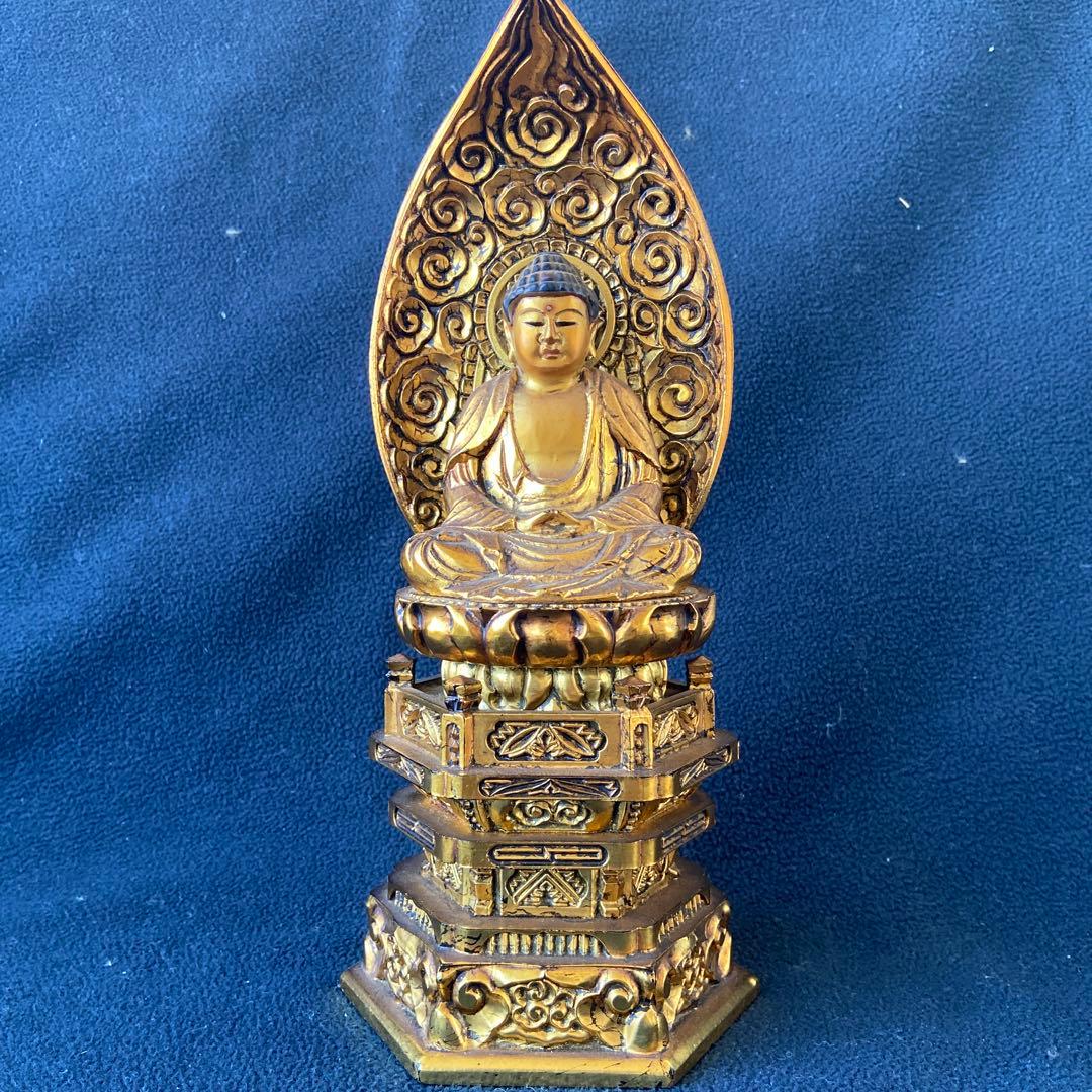 水煙光背 釋迦如来像本金箔六角台座