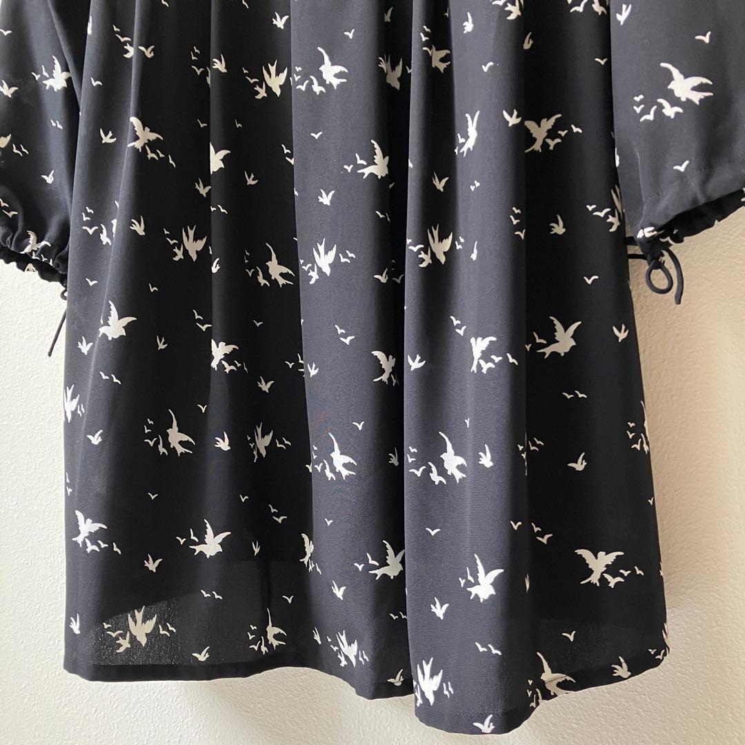 【agnès b.】ブラックワンピース 小鳥柄 美品 長袖 フランス製