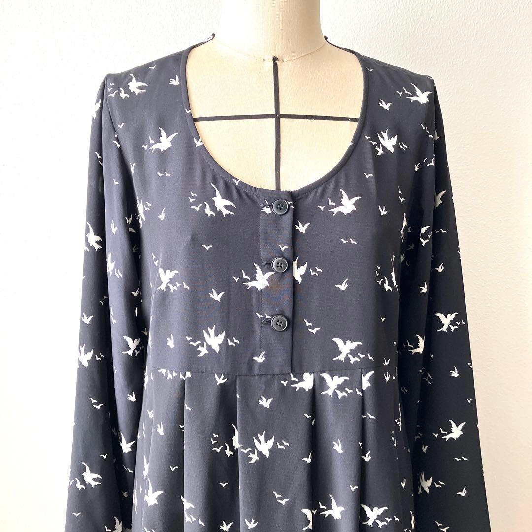 【agnès b.】ブラックワンピース 小鳥柄 美品 長袖 フランス製