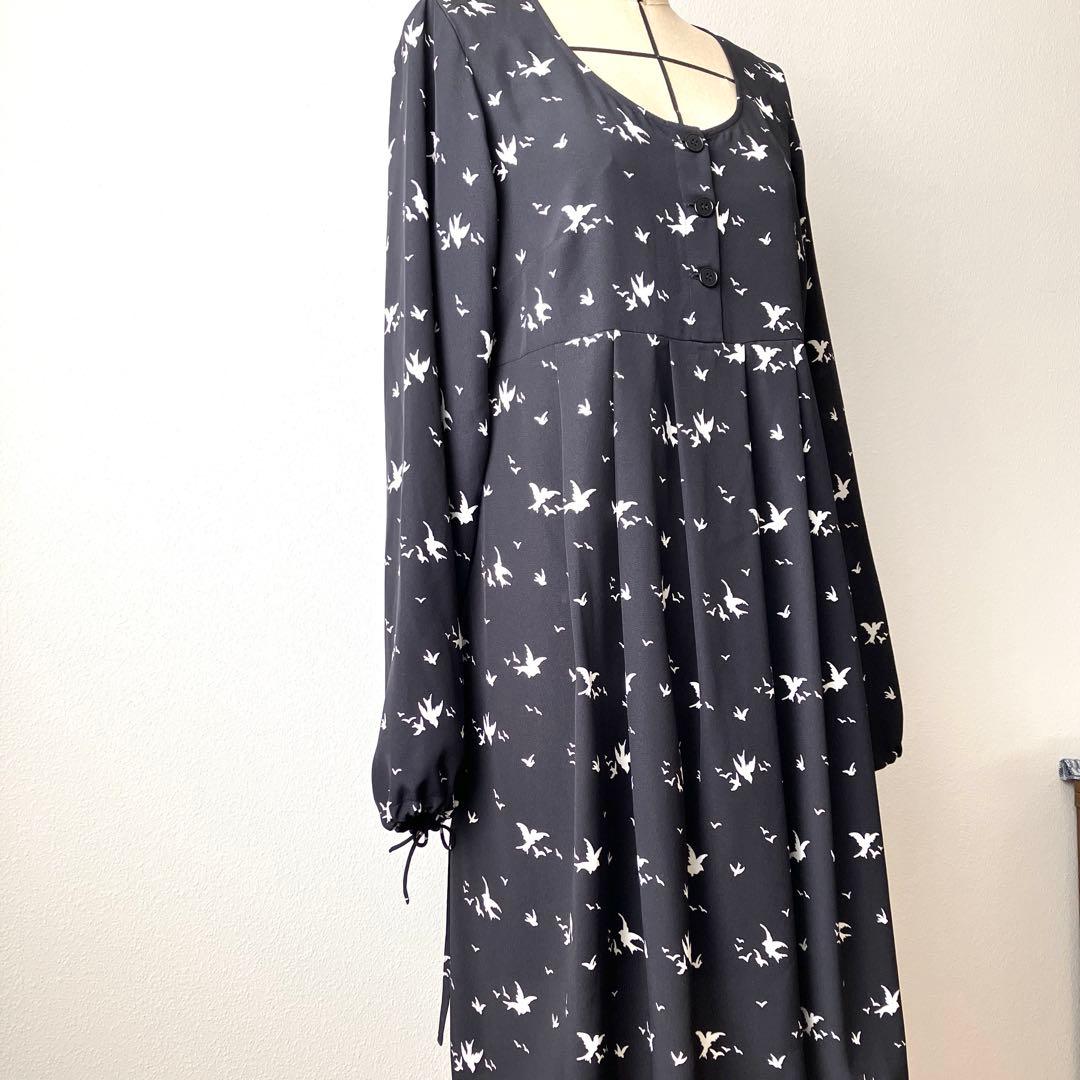 【agnès b.】ブラックワンピース 小鳥柄 美品 長袖 フランス製