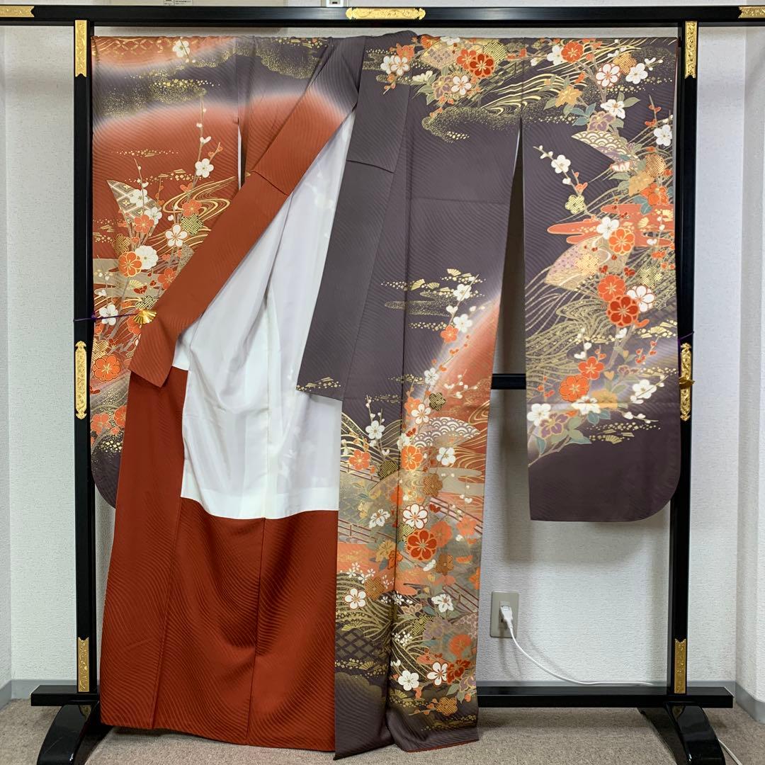【売切値下げ】603zf9◯振袖 地紋 朱×グレー◯美品 成人式結婚式 リメイク