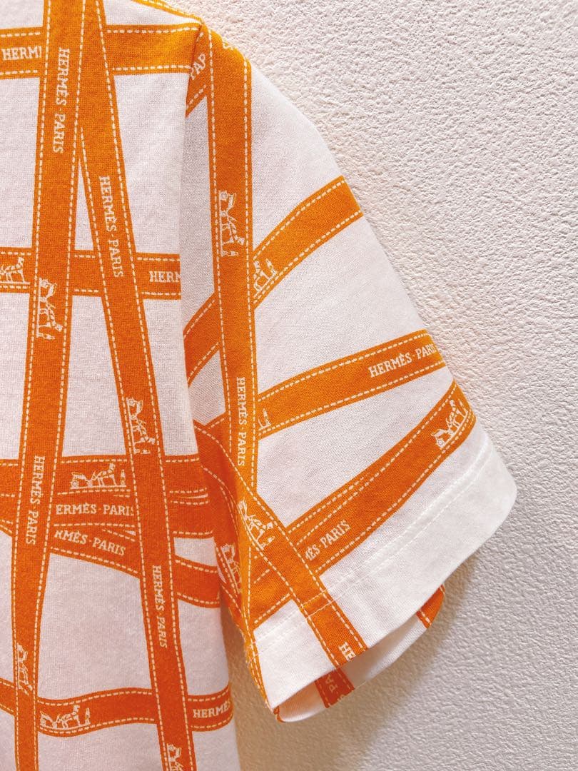 美品◇HERMES エルメス ボルデュック リボン柄 Tシャツ SMサイズ