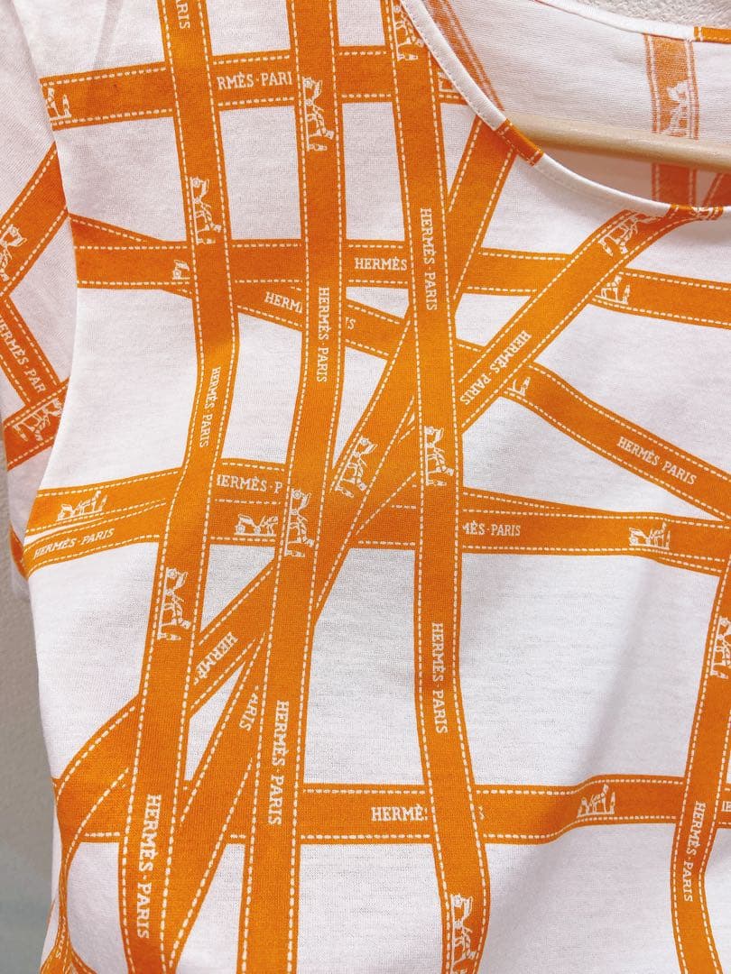 美品◇HERMES エルメス ボルデュック リボン柄 Tシャツ SMサイズ