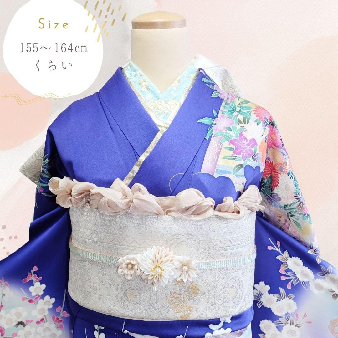 振袖フルセット　ネイビー　季節の花々鳥文　成人式　卒業式