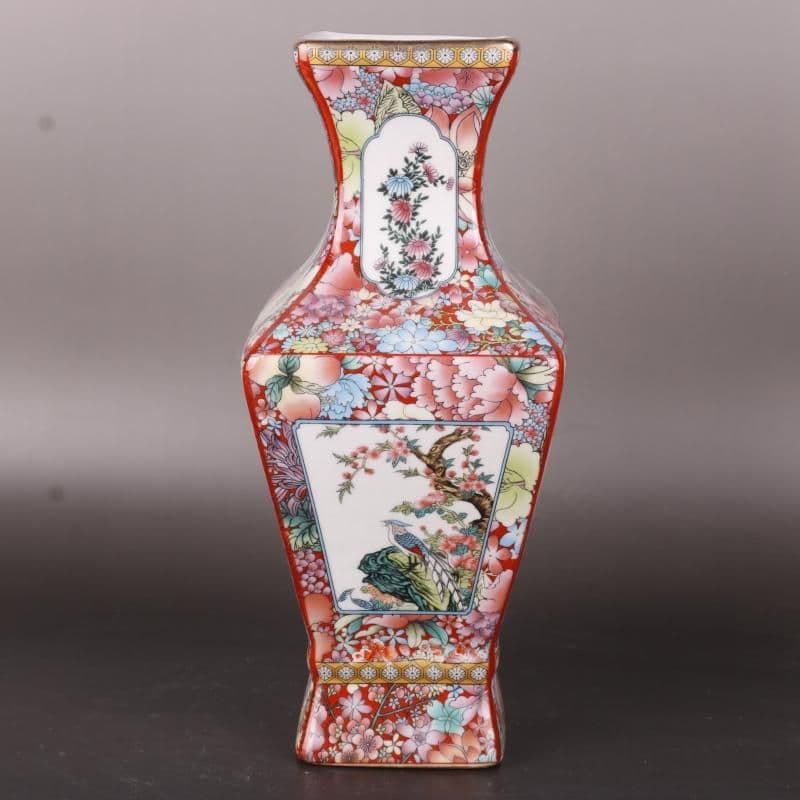 清乾隆蒔金琺瑯彩花鳥四方瓶 景徳鎮 陶磁器 装飾品 現代工芸品 美術品 置物