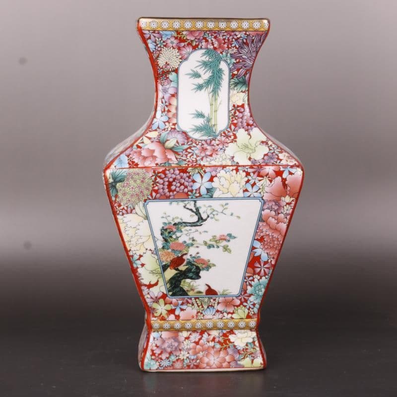 清乾隆蒔金琺瑯彩花鳥四方瓶 景徳鎮 陶磁器 装飾品 現代工芸品 美術品 置物