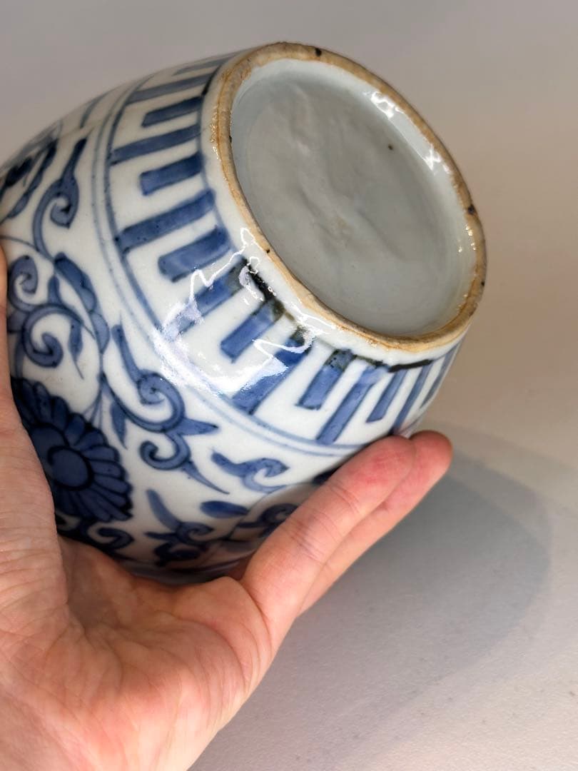 中国明代 染付 鳳凰文 小壺 古陶磁 時代物 口縁に傷あり 骨董品 アンティーク