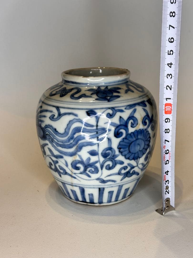 中国明代 染付 鳳凰文 小壺 古陶磁 時代物 口縁に傷あり 骨董品 アンティーク