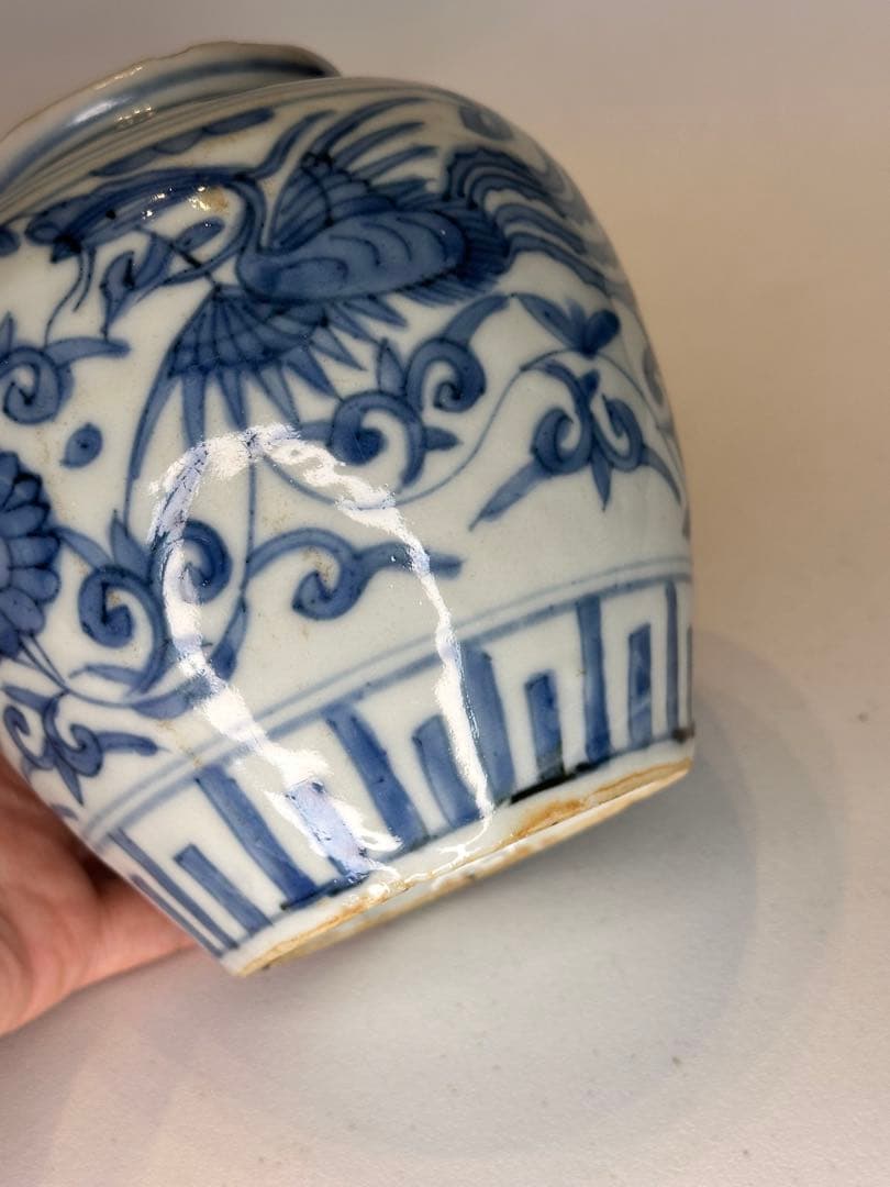 中国明代 染付 鳳凰文 小壺 古陶磁 時代物 口縁に傷あり 骨董品 アンティーク