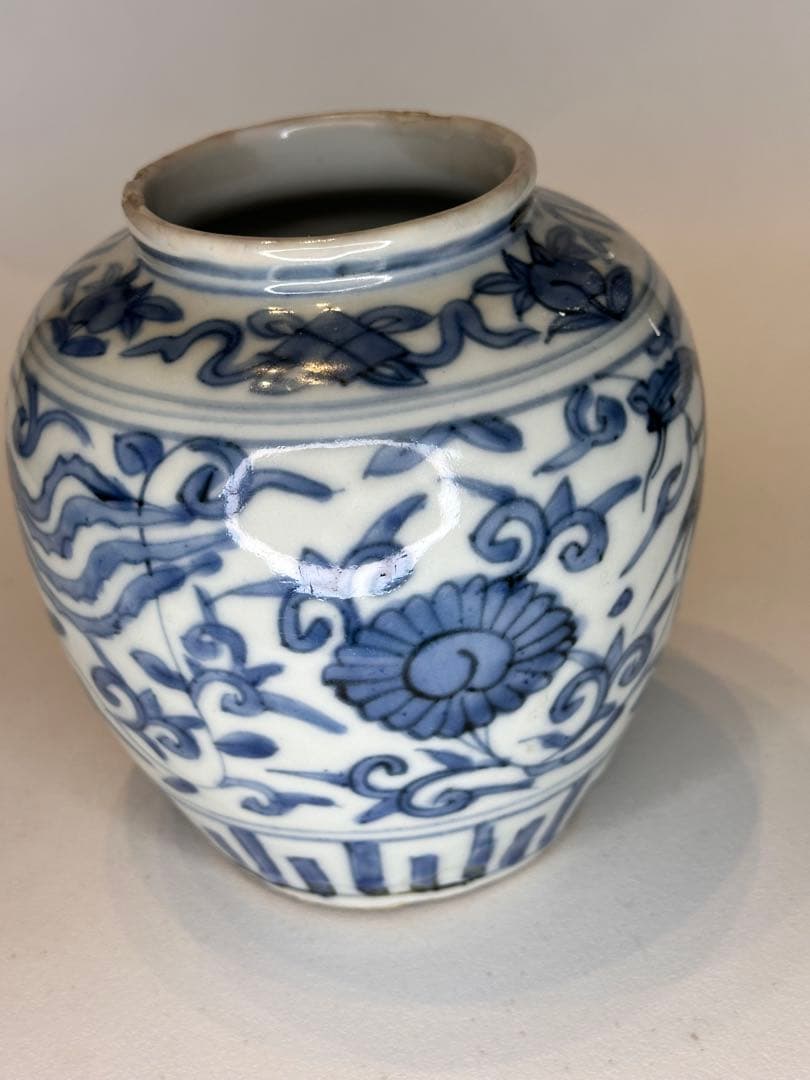 中国明代 染付 鳳凰文 小壺 古陶磁 時代物 口縁に傷あり 骨董品 アンティーク
