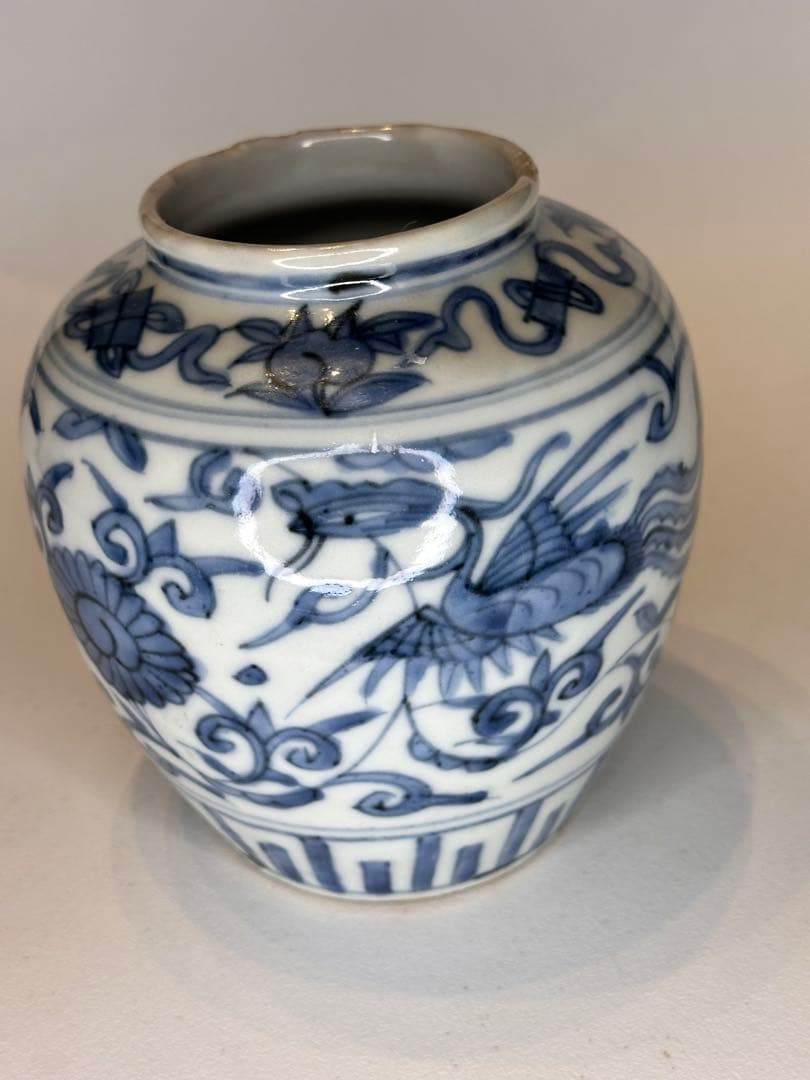 中国明代 染付 鳳凰文 小壺 古陶磁 時代物 口縁に傷あり 骨董品 アンティーク