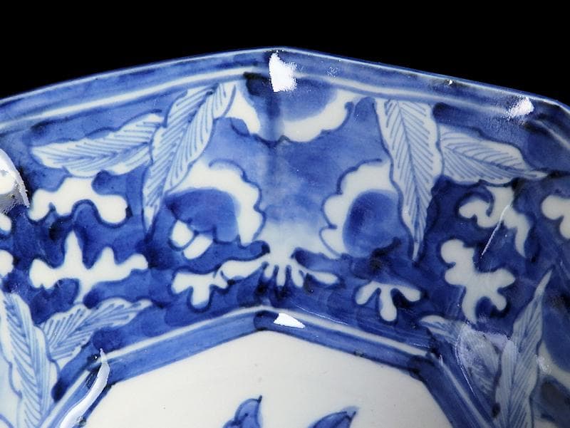 古伊万里　染付　雪輪に柘榴の図　八角深鉢　E623A-fbnc