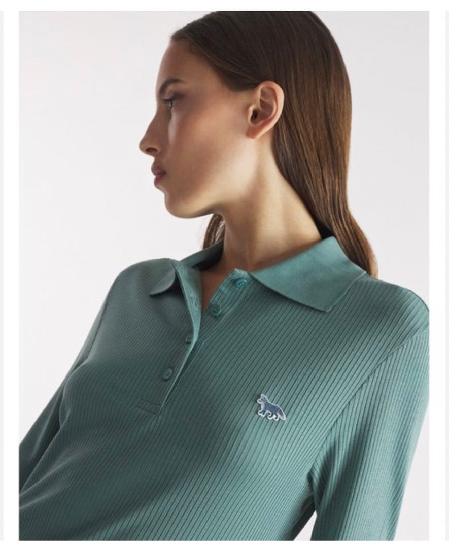 メゾンキツネ　リブ編み長袖ポロシャツ 緑色 maison kitsune