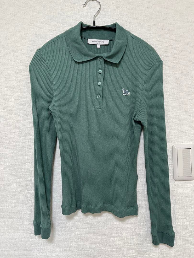 メゾンキツネ　リブ編み長袖ポロシャツ 緑色 maison kitsune