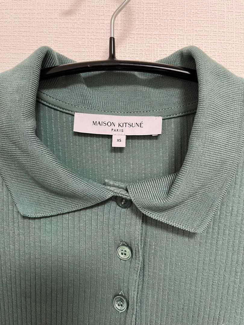 メゾンキツネ　リブ編み長袖ポロシャツ 緑色 maison kitsune