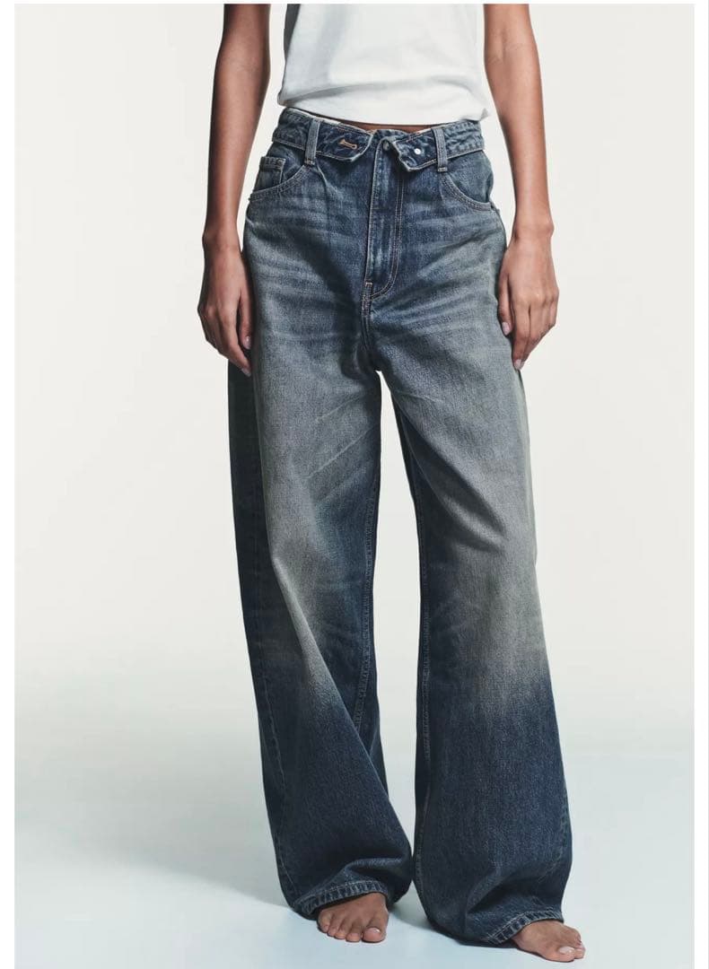 ZARA TRF ミッドライズ折り返しウエストデニムパンツ　EU32(5号)