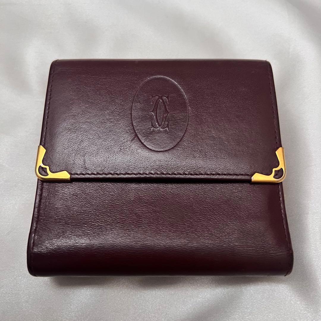 ◇美品◇カルティエ　マストライン　コンパクト財布　がま口　ボルドー×ゴールド