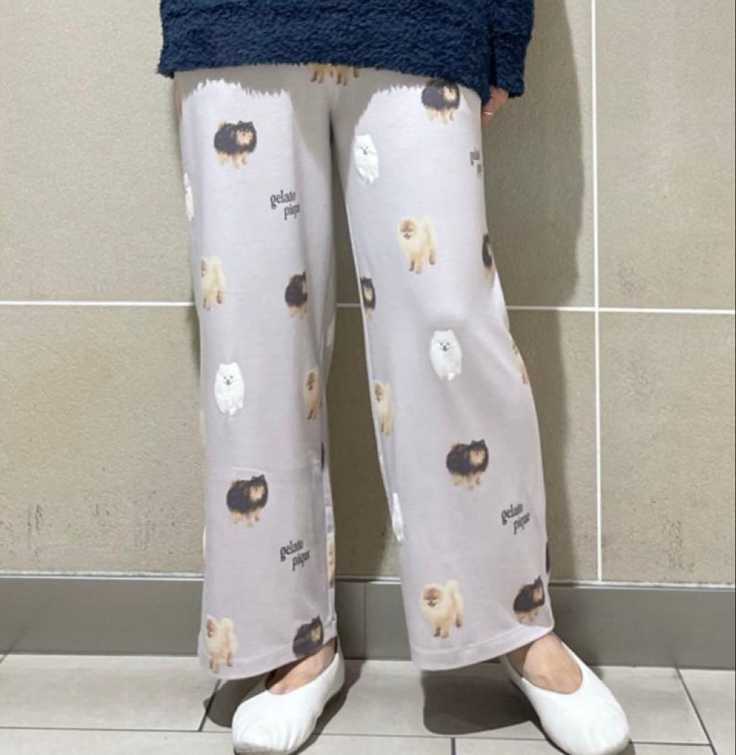 ジェラートピケ DOG3柄ロングパンツ　ポメラニアン柄　グレー　ズボン