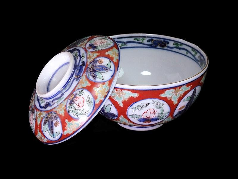 大聖寺伊万里　金襴手　丸紋に鳥の図　蓋茶碗　D136AS-fbqb