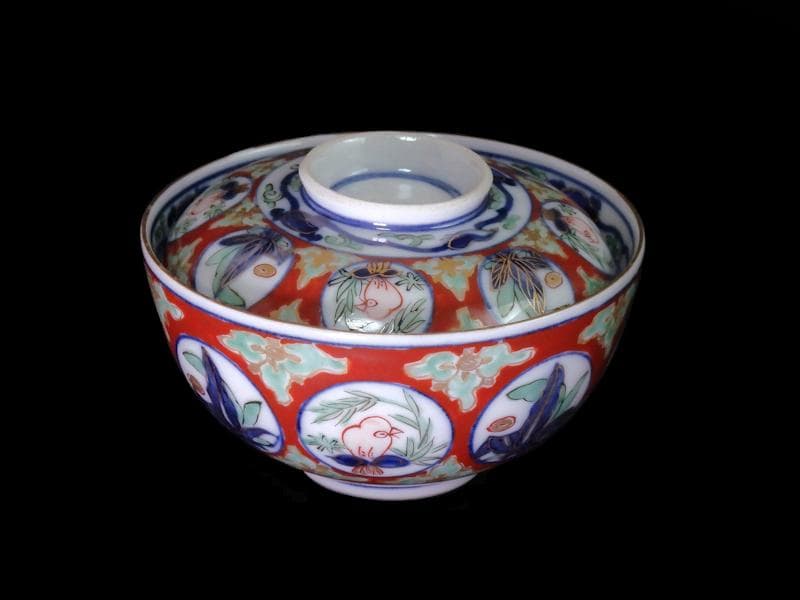 大聖寺伊万里　金襴手　丸紋に鳥の図　蓋茶碗　D136AS-fbqb