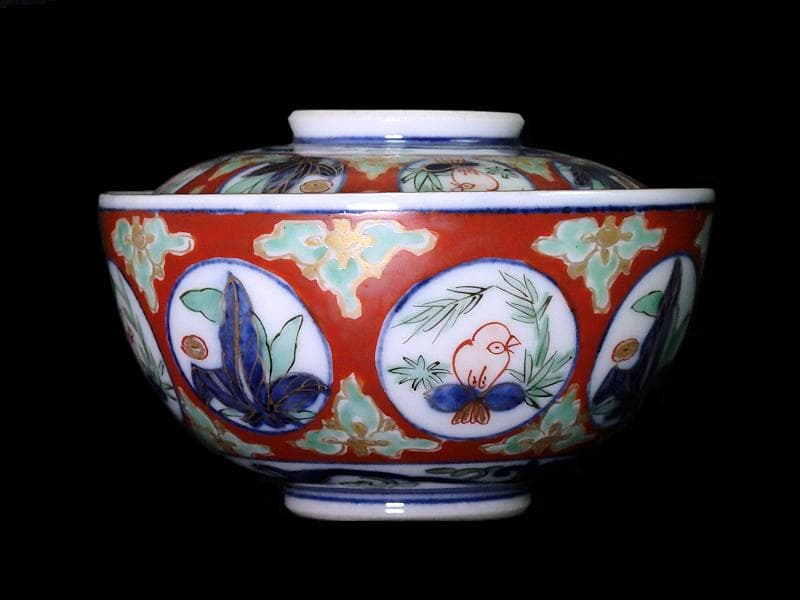 大聖寺伊万里　金襴手　丸紋に鳥の図　蓋茶碗　D136AS-fbqb