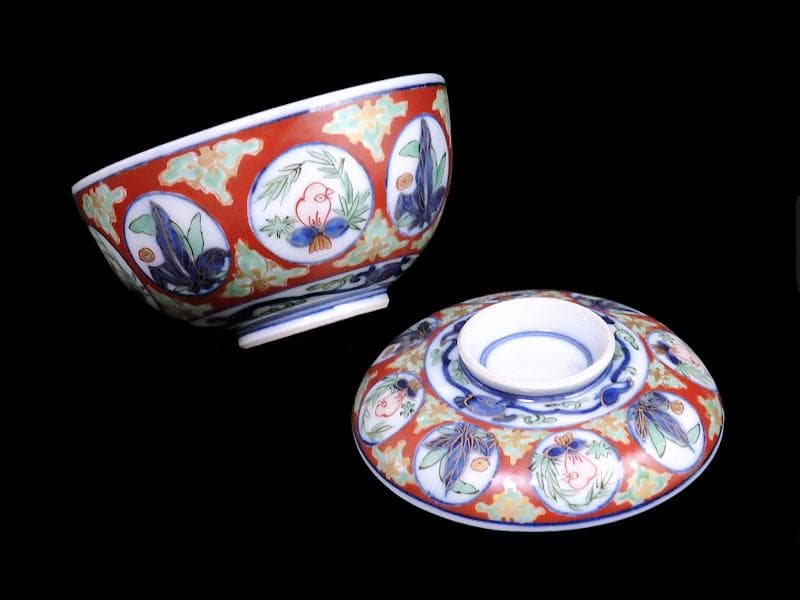 大聖寺伊万里　金襴手　丸紋に鳥の図　蓋茶碗　D136AS-fbqb