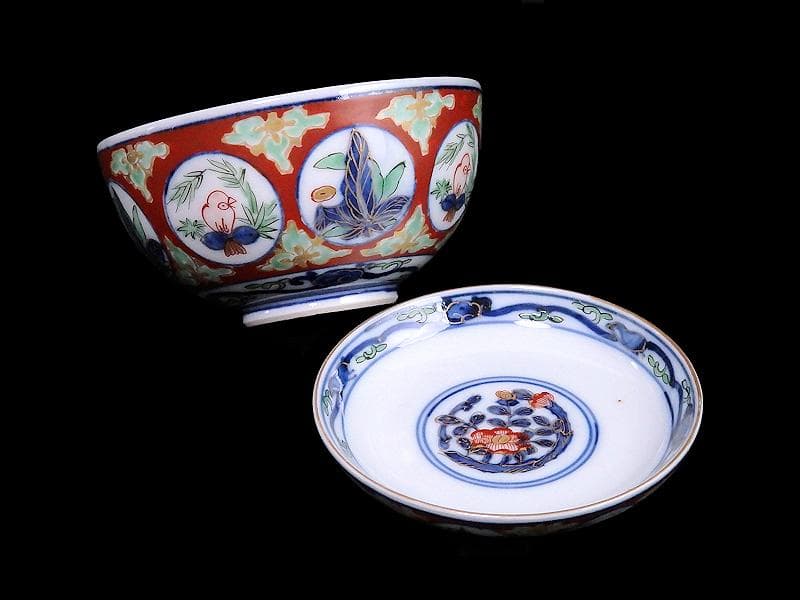 大聖寺伊万里　金襴手　丸紋に鳥の図　蓋茶碗　D136AS-fbqb