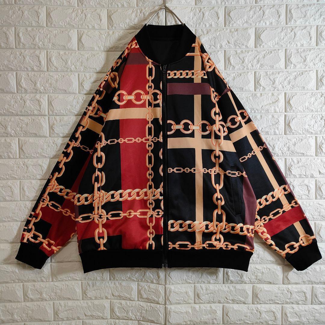 チェーン柄 総柄 フルジップ ブルゾン ブラック レッド XXL