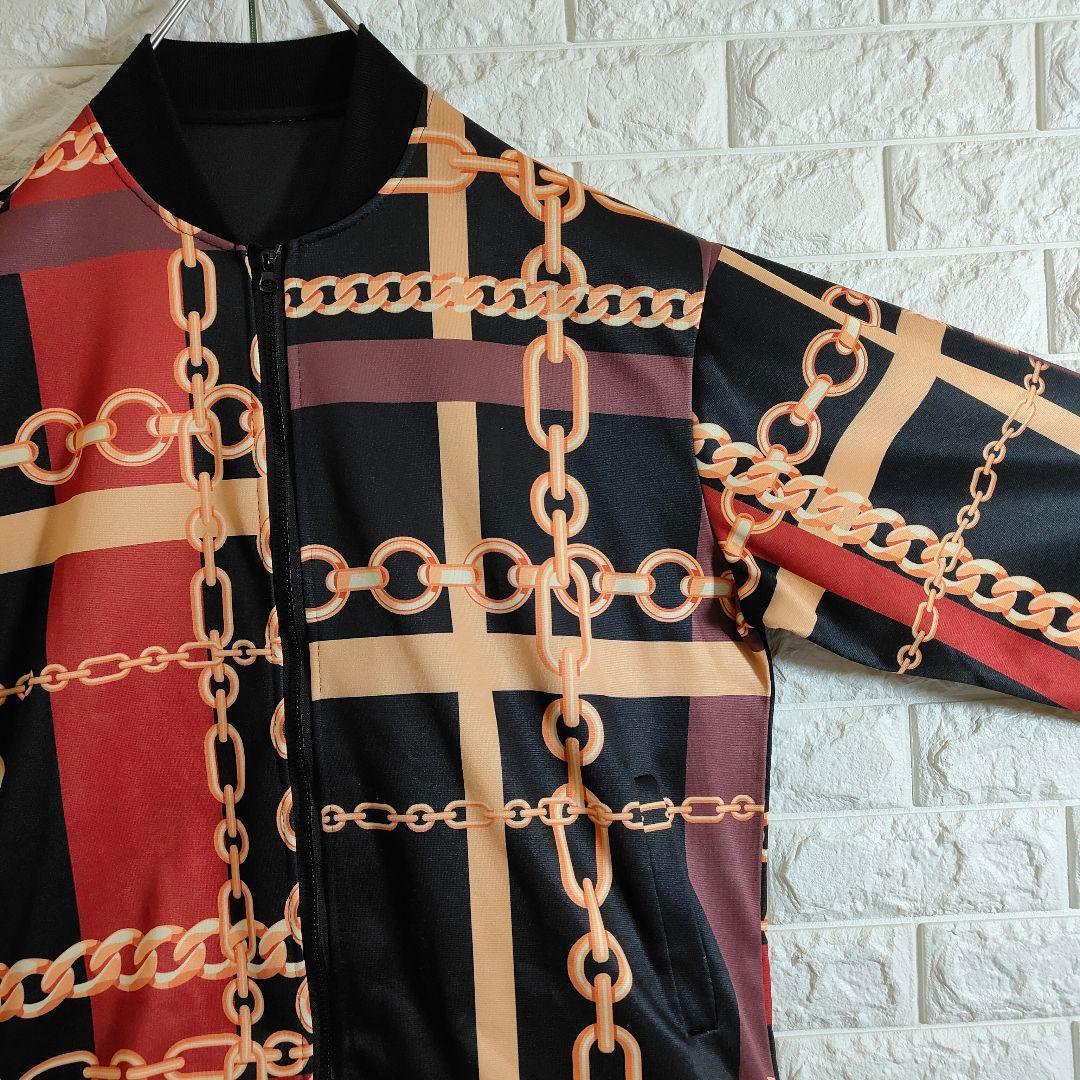 チェーン柄 総柄 フルジップ ブルゾン ブラック レッド XXL