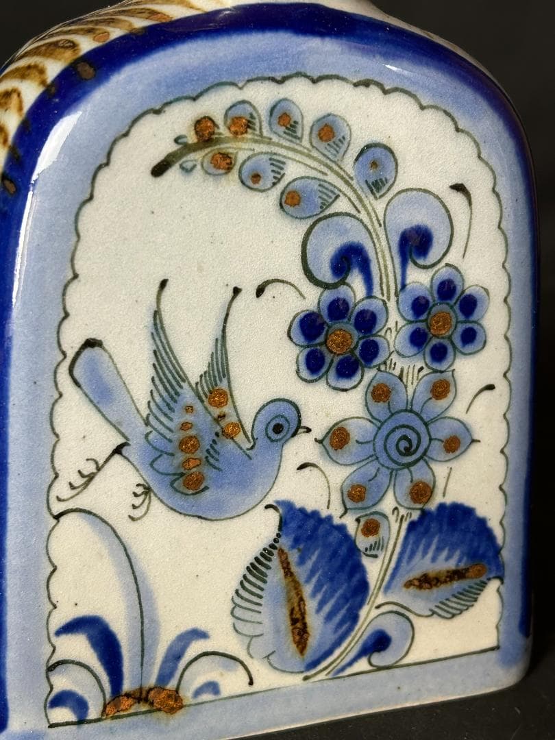メキシコ トナラ焼 花鳥図 蓋付瓶 飾壷 ハンドペイント 民芸品 986