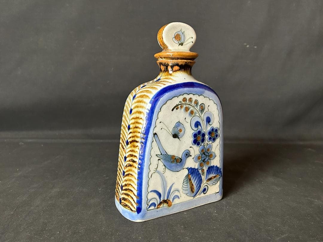 メキシコ トナラ焼 花鳥図 蓋付瓶 飾壷 ハンドペイント 民芸品 986