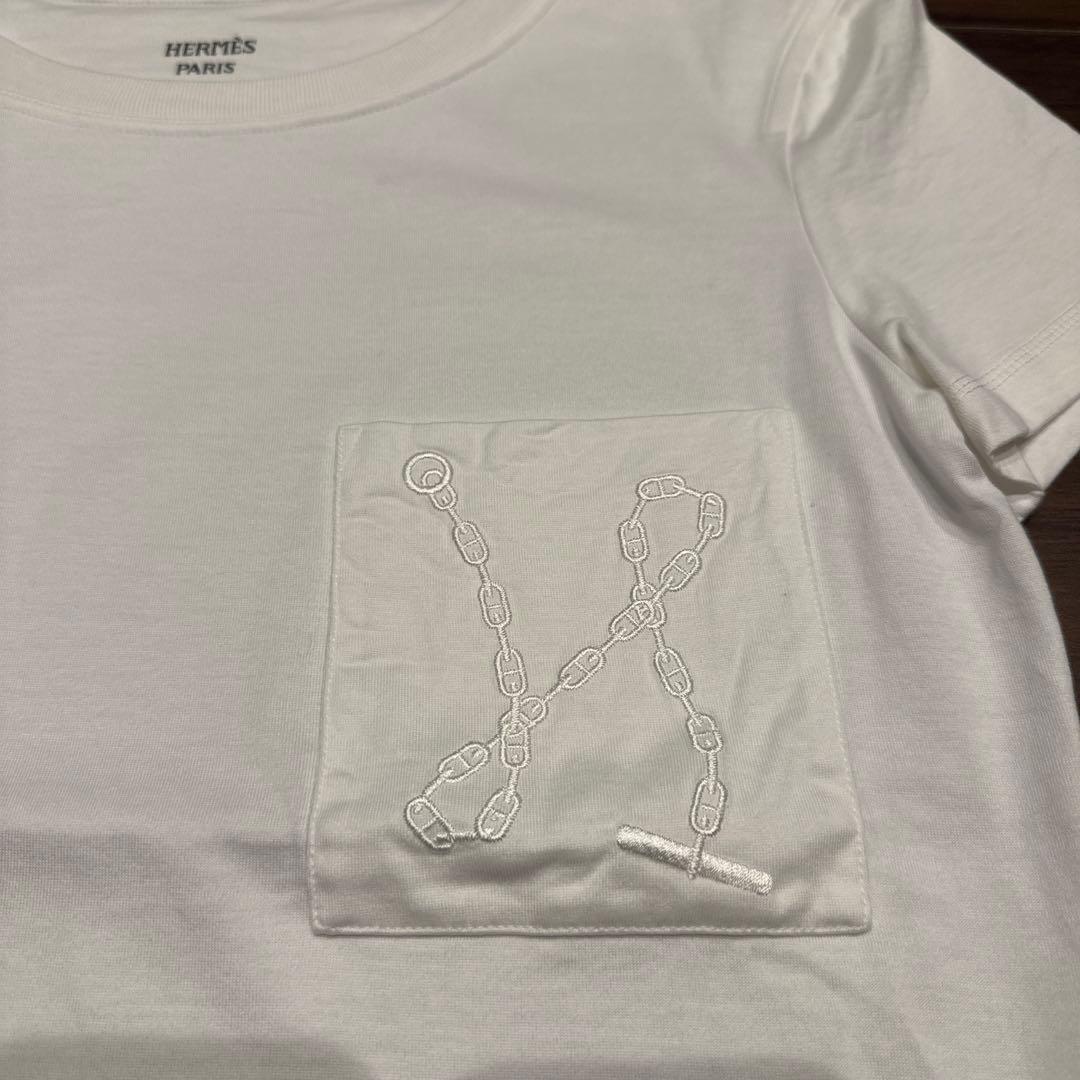 美品　HERMÈS ホワイト Tシャツ 半袖　34 シェーヌダンクル刺繍