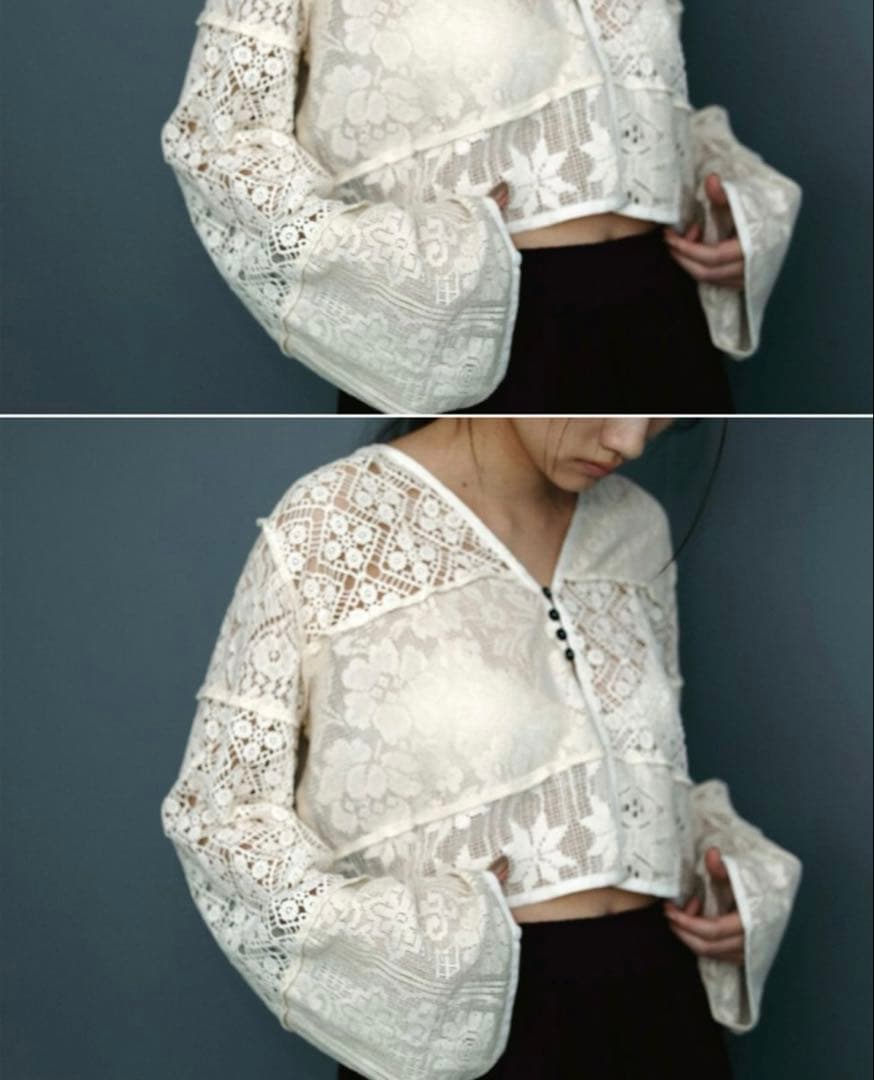 ボタン＆タグ付アンヌークanuke Patchwork LaceCardigan
