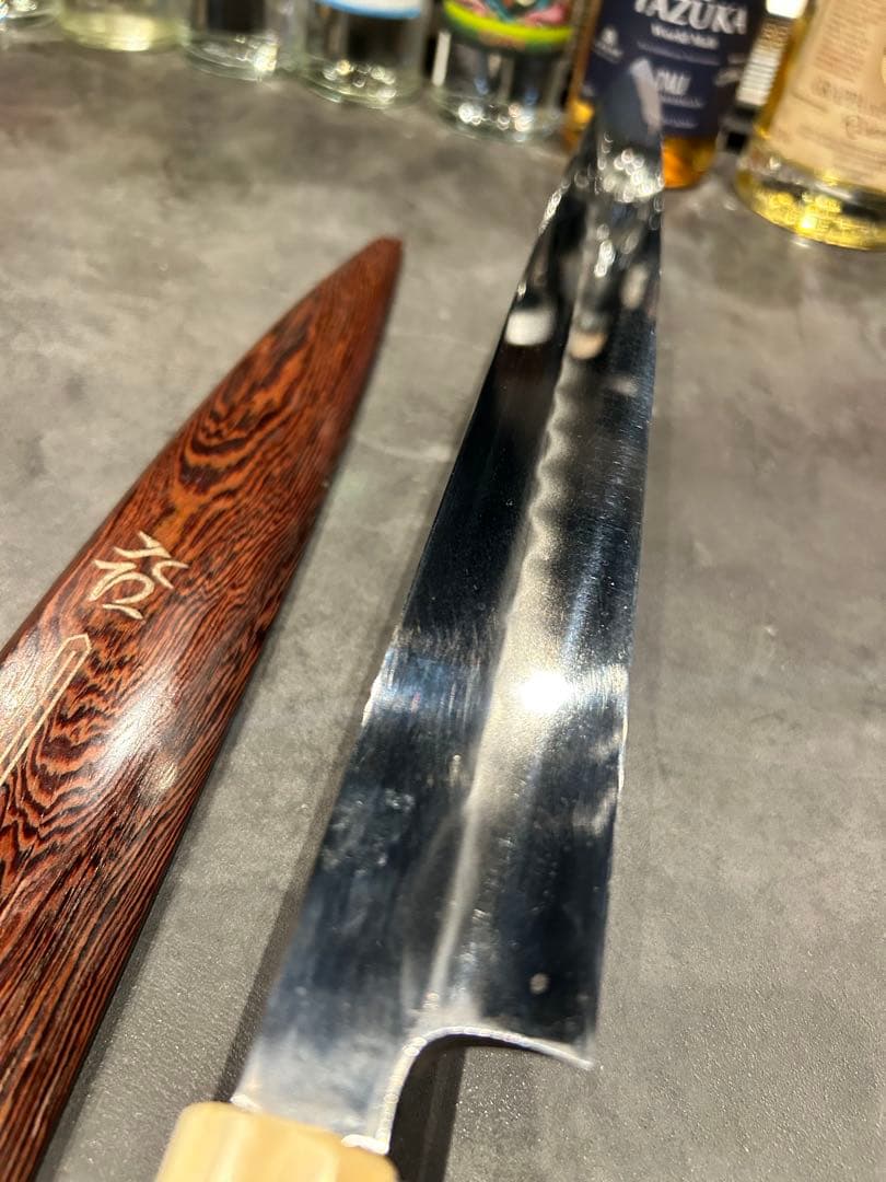 源昭忠 本焼き （柳刃）包丁 尺（300mm）鉄刀木・天然素材口金•銀巻 鞘付