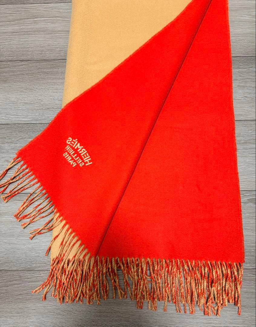 【美品】HERMES 上質カシミヤストール リバーシブル　ベージュ・赤