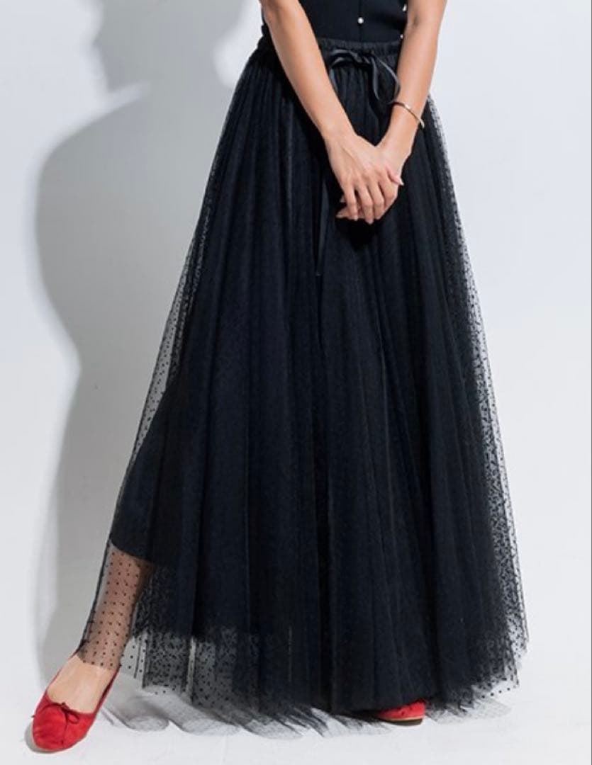 美品☆JENNEジェンヌ　ドットチュールスカート　ブラック　リボン　フリーサイズ