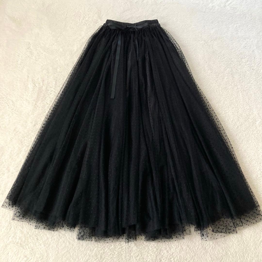 美品☆JENNEジェンヌ　ドットチュールスカート　ブラック　リボン　フリーサイズ
