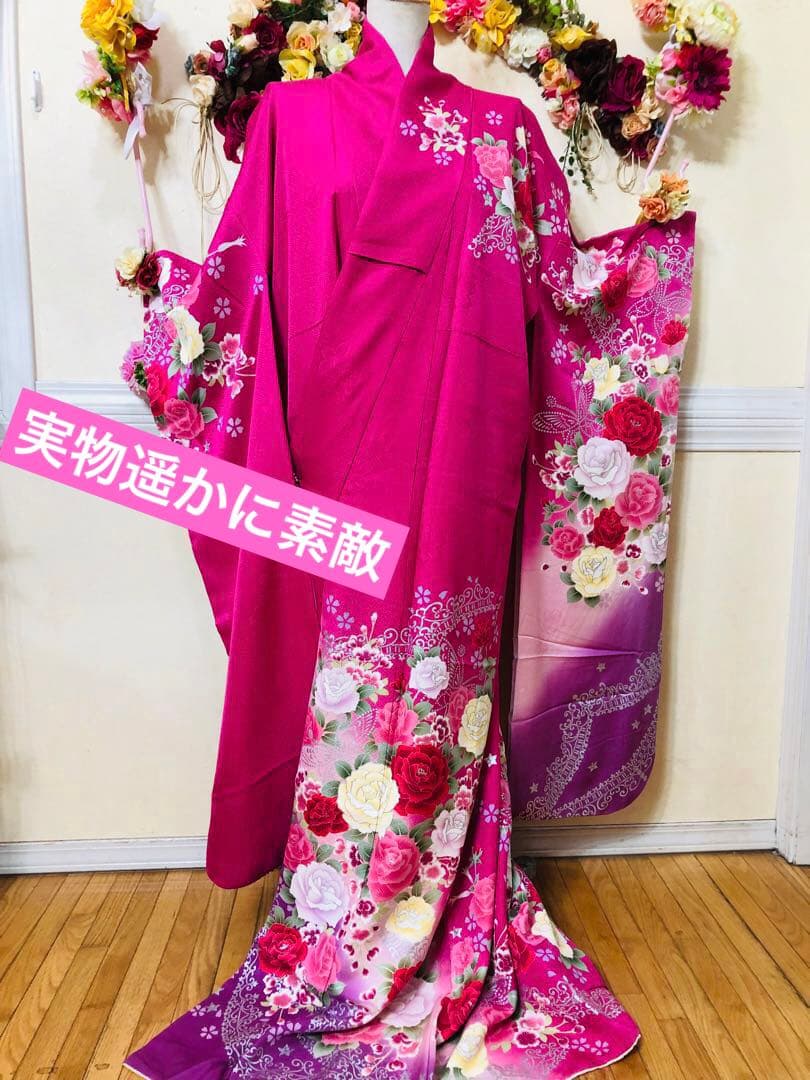 美品‼️振袖正絹フルセット‼️豪華絢爛lovelyピンク薔薇銀糸刺繍銀彩⭐︎上質な逸品