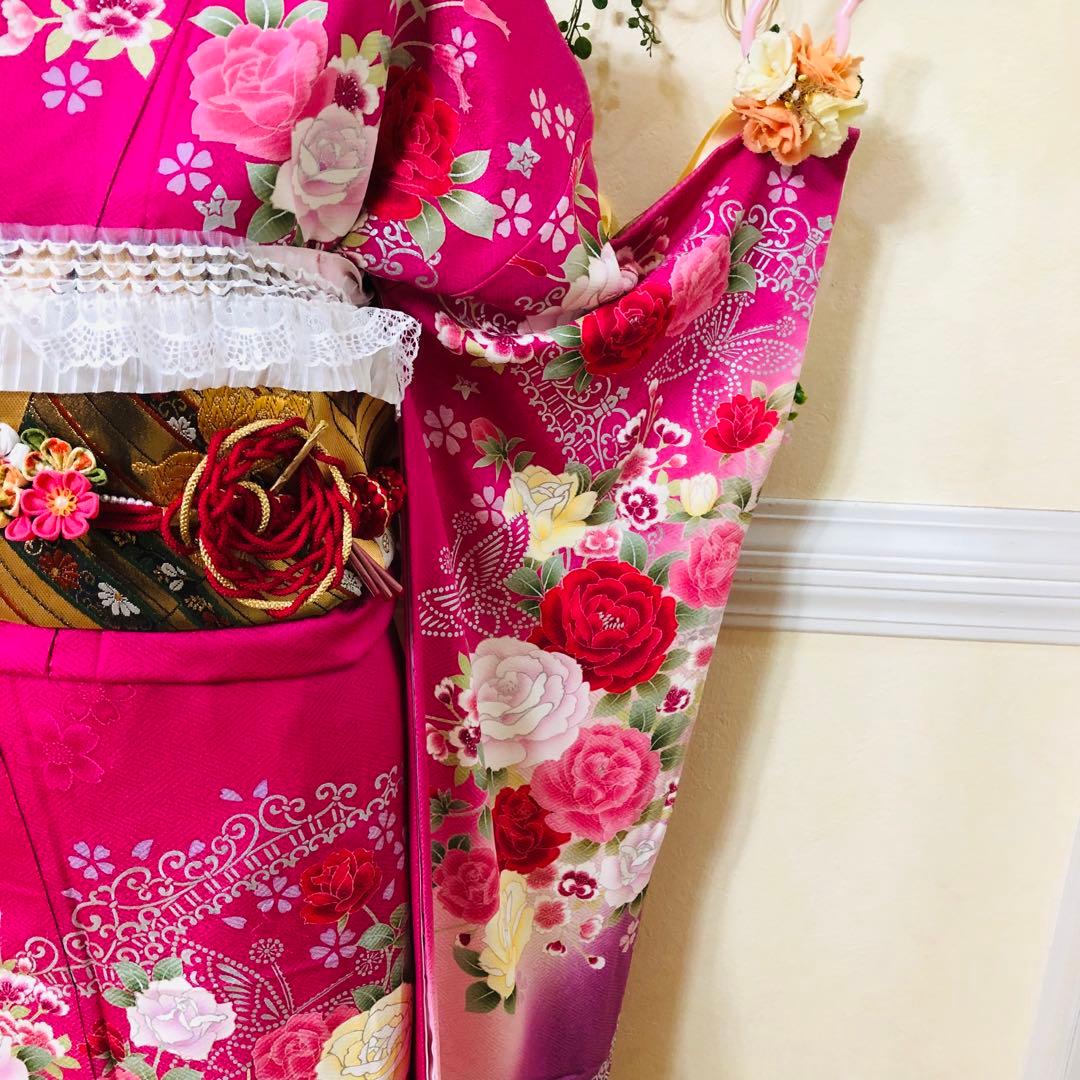 美品‼️振袖正絹フルセット‼️豪華絢爛lovelyピンク薔薇銀糸刺繍銀彩⭐︎上質な逸品