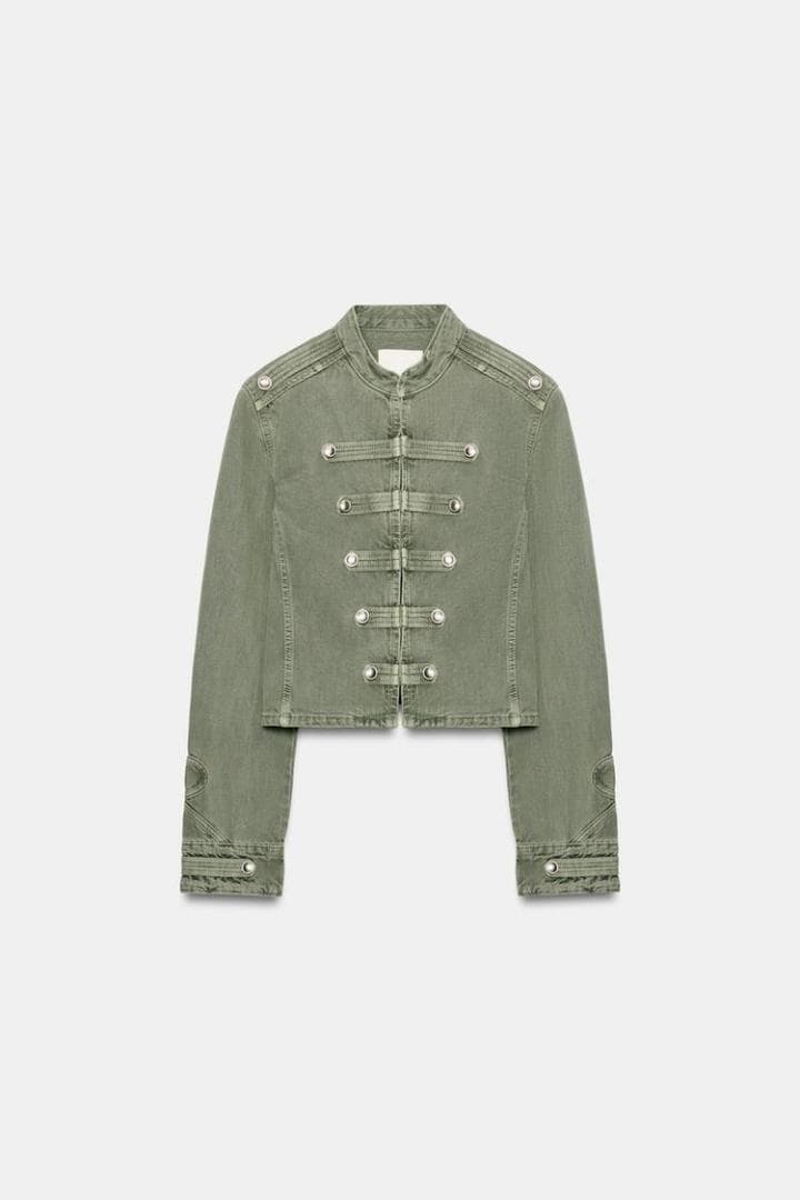 新品 ZARA ボタンディテール入りフィットジャケット 緑色 L
