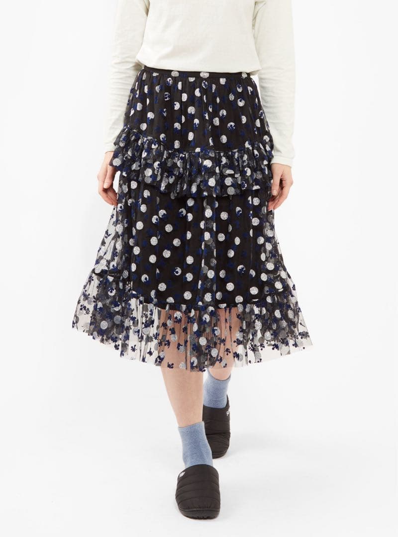 Shrimps シュリンプス　ドットグリッターチュールミディスカート　黒　L