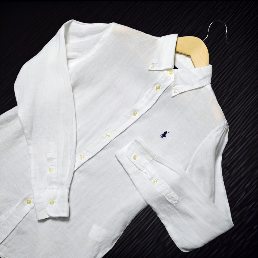 【美品】ラルフローレン ホワイト ボタンダウンシャツ 白 リネンシャツ S