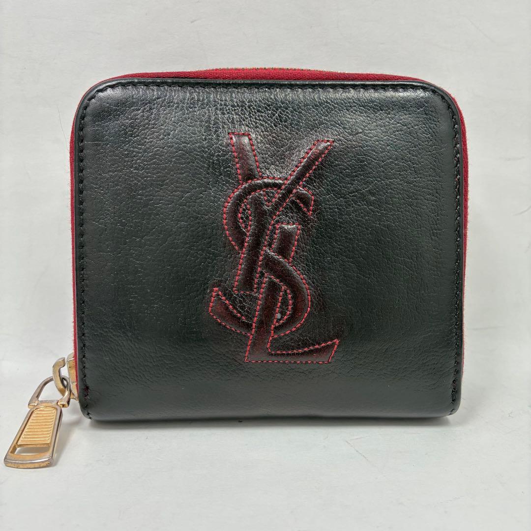 【美品】イヴ・サンローラン　折り財布　レザー　YSL ステッチ　ロゴ　希少