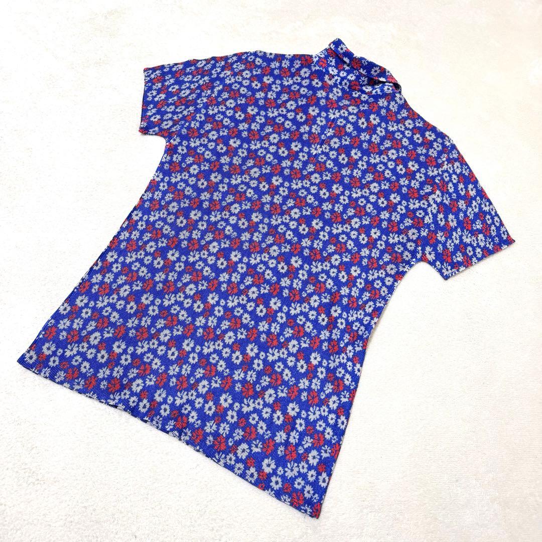 極美品✨PLEATS PLEATS プリーツ　花柄　トップス　半袖　ネイビー