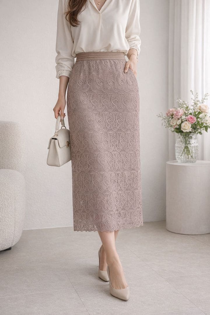 【美品】ANAYI アナイ　リーフモチーフレース ロングタイトスカート　36