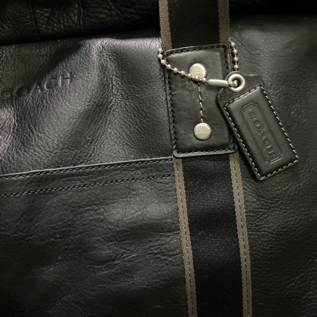COACH ボストンバッグ 黒 レザー ストライプデザイン