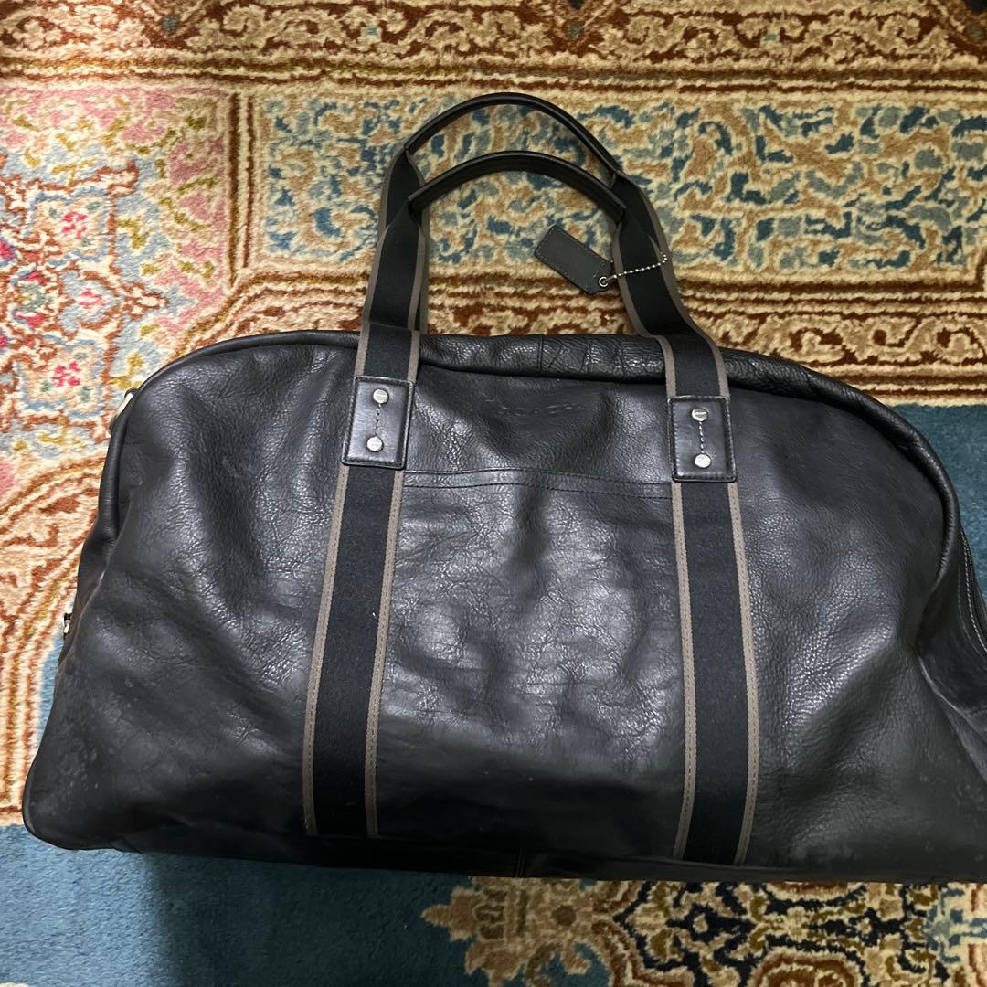 COACH ボストンバッグ 黒 レザー ストライプデザイン