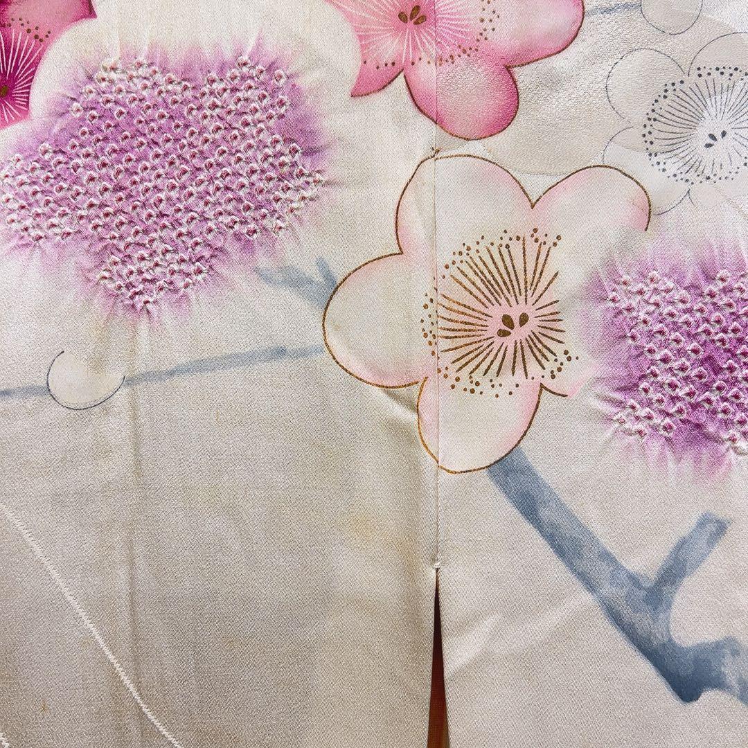 振袖　セミアンティーク　刺繍　絞り　鴛鴦　鳥　梅花　着物　092tz